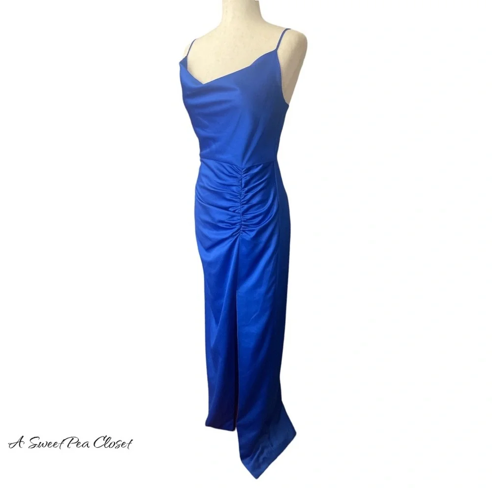 Laundry by Shelli Segal Blue Satin Ruched Gown 2 - Picture 3 of 8